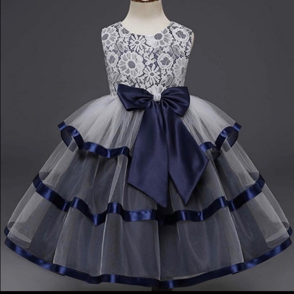 Blue & White Satin Lace Tutu Flower Girl Gown